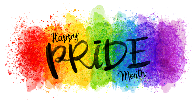 "Happy Pride Month" - black text with rainbow background.