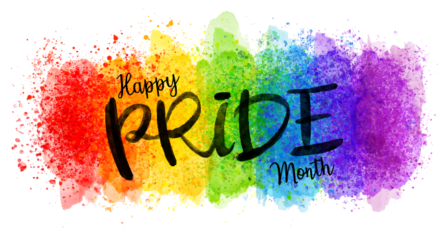 "Happy Pride Month" - black text with rainbow background.