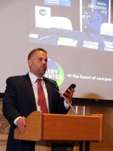 Matt Rhule, American Football Coach, giving a speech.