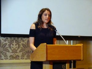 Sarah Ganim (journalist and CNN correspondent), giving a speech at Clery's 30th Anniversary Gala